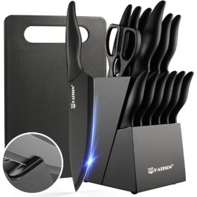 16 Pieces Kitchen Knife Block Set With Cutting Board, German Stainless Steel Knife Set With Sharpener, Dishwasher Safe, Anti-Slip Handle, 6 Steak (Option: Black-16Pieces)