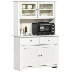 63.5" Kitchen Buffet with Hutch, Pantry Storage Cabinet with 4 Shelves, Drawers, Framed Glass Doors, Open Microwave Countertop, Antique White (Option: Antique White-1190x560x260 mm)