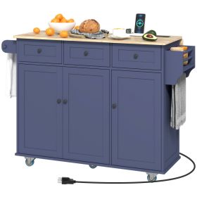 Kitchen Island on Wheels with Drop Leaf, Charging Station, Rolling Kitchen Cart with Wood Top, Adjustable Shelf, Blue (Option: Dark Blue-1290x535x240 mm)