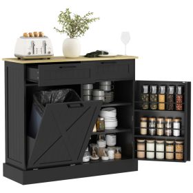10 Gallon Farmhouse Kitchen Cabinet with Hidden Trash Can and 2 Drawers, Tilt Out Trash Can Cabinet for Kitchen, Black (Option: Black-1165x560x210 mm)