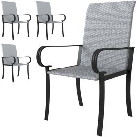 Set of 4 Outdoor Wicker Dining Chairs with Armrest, Steel Frame, High Back and Deep Seating, Gray (Option: Gray-700x620x510 mm)