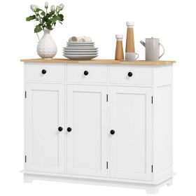 Kitchen Storage Cabinet, Sideboard Floor Cupboard with Solid Wood Top, Adjustable Shelf, and 3 Drawers, White (Option: Distressed White-1175x495x185 mm)