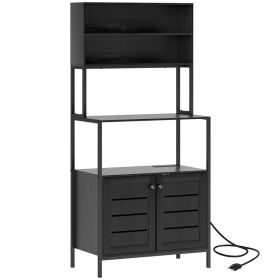 Baker's Rack with Power Outlet and Storage Shelves, Microwave Stand with Louvred Door Cabinets, Black (Option: Black-1050x465x195 mm)