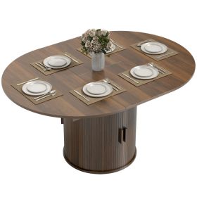Extendable Dining Table for 6, 60" Farmhouse Kitchen Table with 2-Tier Storage Shelf and Fluted Sliding Doors, Walnut (Option: Walnut-1240x700x170 mm)
