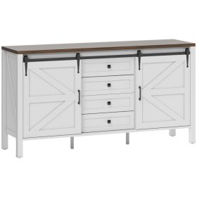 59" Buffet Cabinet, Farmhouse Sideboard with Thick Top, 2 Barn Doors, 4 Drawers and 2 Adjustable Shelves, White (Option: Distressed White-1650x540x210 mm)