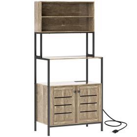 Baker's Rack with Power Outlet and Storage Shelves, Microwave Stand with Louvred Door Cabinets, Gray Wood Grain (Option: Gray Wood Grain-1050x465x195 mm)