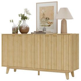 Fluted Sideboard Buffet Cabinet, 55" Coffee Bar Cabinet with 4 Doors, 2 Adjustable Shelves, 5 Wood Legs, Oak (Option: Natural Wood-1510x490x225 mm)