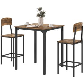 3 Piece Pub Table and Chairs, Small Kitchen Table and Chairs, Square Dining Table with 2 Stools, Rustic Brown and Black (Option: Rustic Brown and Black-1080x895x130 mm)