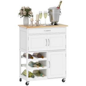 Rolling Kitchen Cart, Kitchen Island with Storage Drawer, 9-bottle Wine Rack, Door Cabinets, Wooden Countertop, White (Option: White-430x220x890 mm)