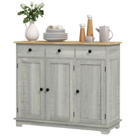 Kitchen Storage Cabinet, Sideboard Floor Cupboard with Solid Wood Top, Adjustable Shelf, and 3 Drawers, Light Gray (Option: Distressed Light Gray-480x190x1147 mm)