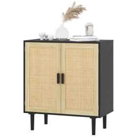 Bohemian Sideboard, 31.5" Buffet Cabinet with 2 Rattan Doors and Shelves for Living Room, Hallway, Black (Option: Black-925x470x180 mm)