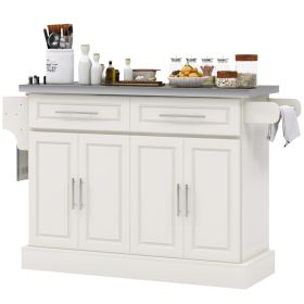 Rolling Kitchen Island with Stainless Steel Top, 2 Drawers, Spice, Knife and Towel Rack and Cabinets, Cream White (Option: Cream White-930x485x210 mm)
