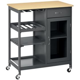 Rolling Kitchen Island with Storage, Kitchen Cart with 4-bottle Wine Rack, Bar Cart with Stemware Holder, Shelves, Drawer and Cabinet, Gray (Option: Grey-1030x570x194 mm)