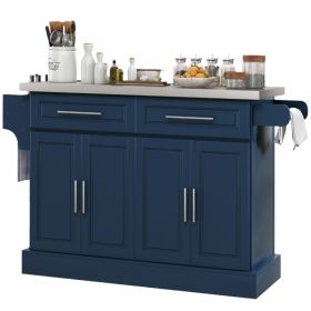 Rolling Kitchen Island with Stainless Steel Top, 2 Drawers, Spice, Knife and Towel Rack and Cabinets, Navy Blue (Option: Blue-930x485x210 mm)