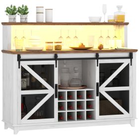 55" Coffee Bar Cabinet with Lights, Farmhouse Wine Cabinet with Wine and Glass Racks for Kitchen, Dining Room, White (Option: Distressed White-1540x550x220 mm)