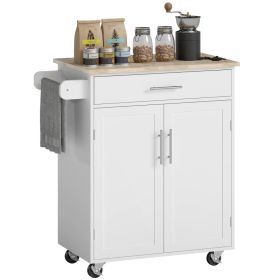 Kitchen Island Cart, Rolling Island Table with Solid Wood Top, Trolley Cart with Drawer, Storage Cabinet & Towel Rack, White (Option: White-945x535x175 mm)