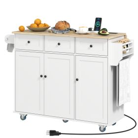 Kitchen Island on Wheels with Drop Leaf, Charging Station, Rolling Kitchen Cart with Wood Top, Adjustable Shelf, White (Option: White-1290x535x240 mm)