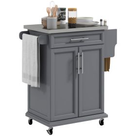 Kitchen Island on Wheels, Rolling Kitchen Cart with Stainless Steel Countertop, Drawer, Towel Rack and Spice Rack, Utility Storage Trolley, Gray (Option: Gray-890x520x220 mm)