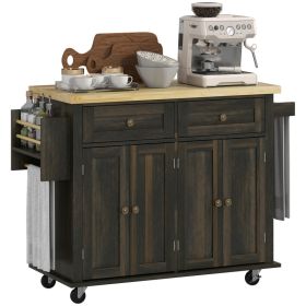 Kitchen Island Cart with Rubber Wood Top, Rolling Kitchen Island Table on Wheels with Drawers, Adjustable Shelves, Spice Rack and Towel Rack for (Option: Brown Oak-1040x555x210 mm)