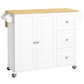 Kitchen Island with Drop Leaf, Rolling Kitchen Cart on Wheels with 3 Drawers, Cabinet, Natural Wood Top, Spice Rack and Towel Rack, White (Option: White-1110x530x210 mm)