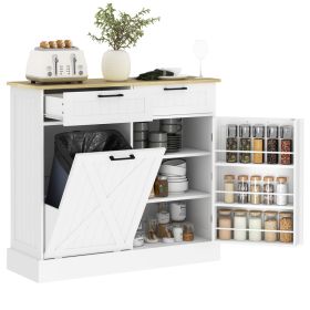 10 Gallon Farmhouse Kitchen Cabinet with Hidden Trash Can and 2 Drawers, Tilt Out Trash Can Cabinet for Kitchen, White (Option: White-1165x560x210 mm)