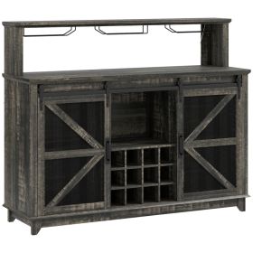 55" Coffee Bar Cabinet with Lights, Farmhouse Wine Cabinet with Wine and Glass Racks for Kitchen, Dining Room, Brown (Option: Distressed Dark Brown-1540x550x220 mm)