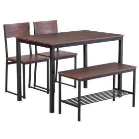 Industrial 4 Piece Dining Room Table Set with Bench Wooden Kitchen Table and Chairs w/ Storage Rack for Kitchen, Dinette, Rustic Brown/Black (Option: Rustic Brown-1230x810x170 mm)